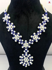 NK14152B WHITE BLUE COLOR PLASTIC PEARL & SEED BEAD NECKLACE SET