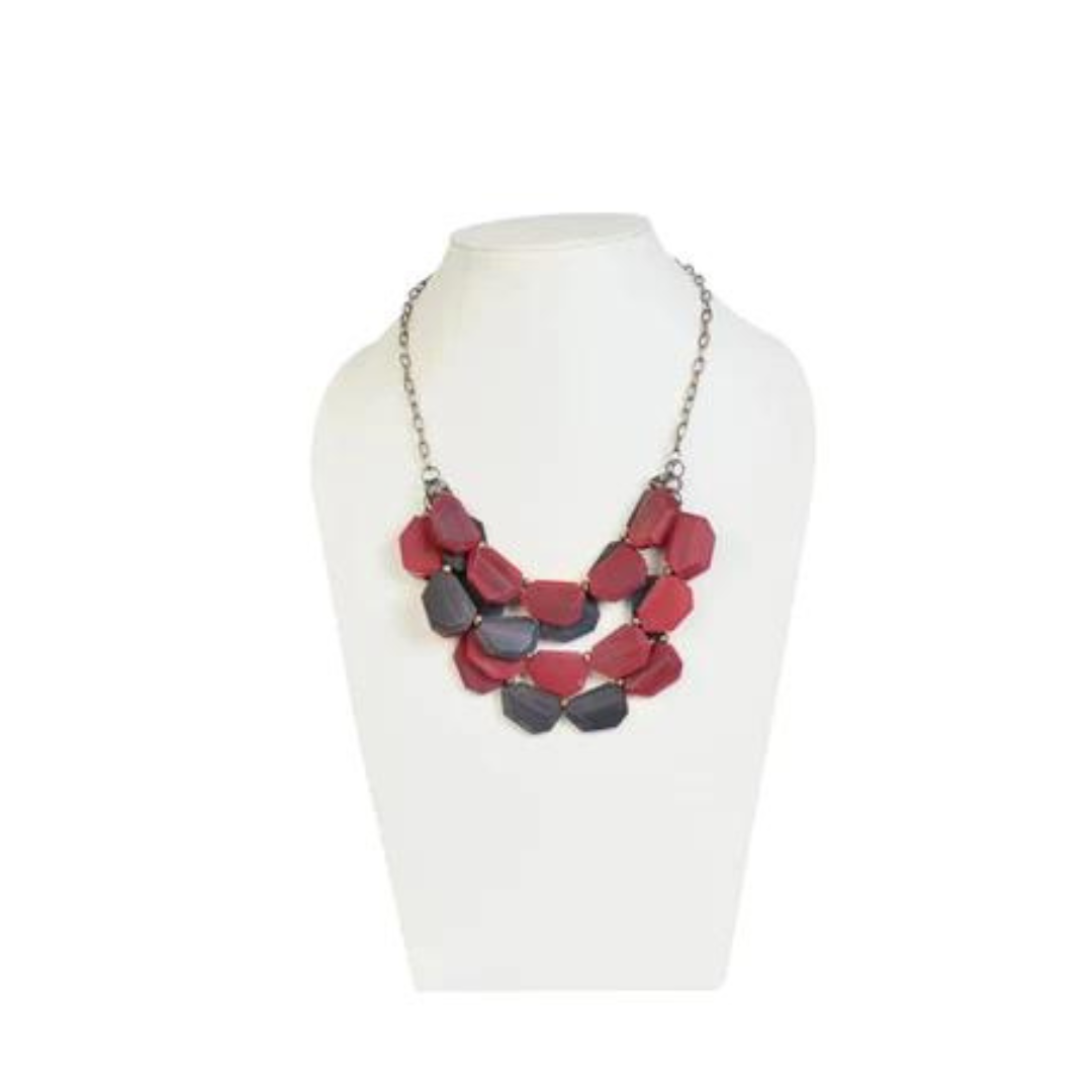 NK 8864 Maroon & slate grey horn necklace