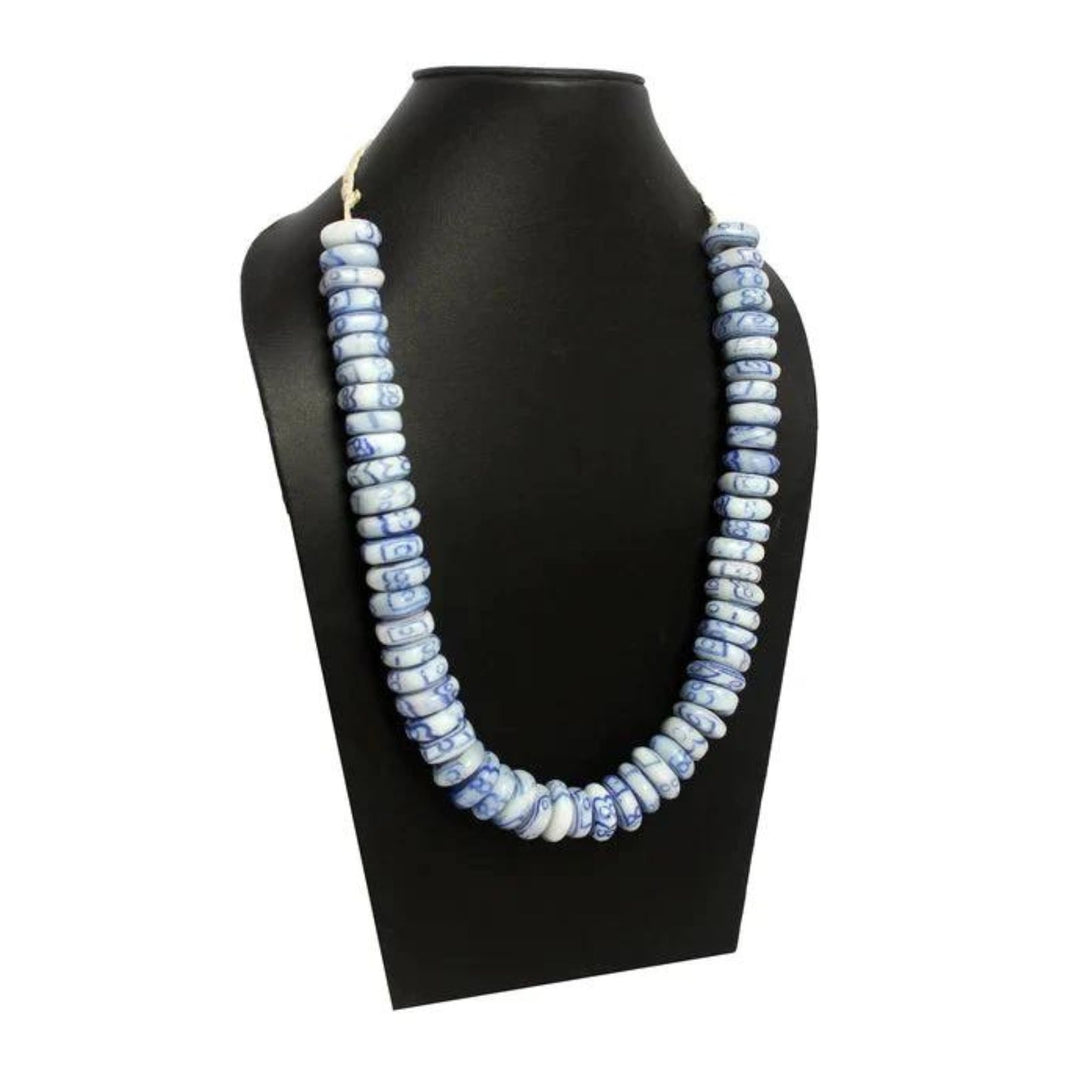 BMC 101 Cobalt blue & white monkey design glass bead necklace