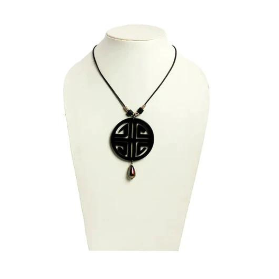 NK 10313A Black Acrylic pendant wax cord necklace