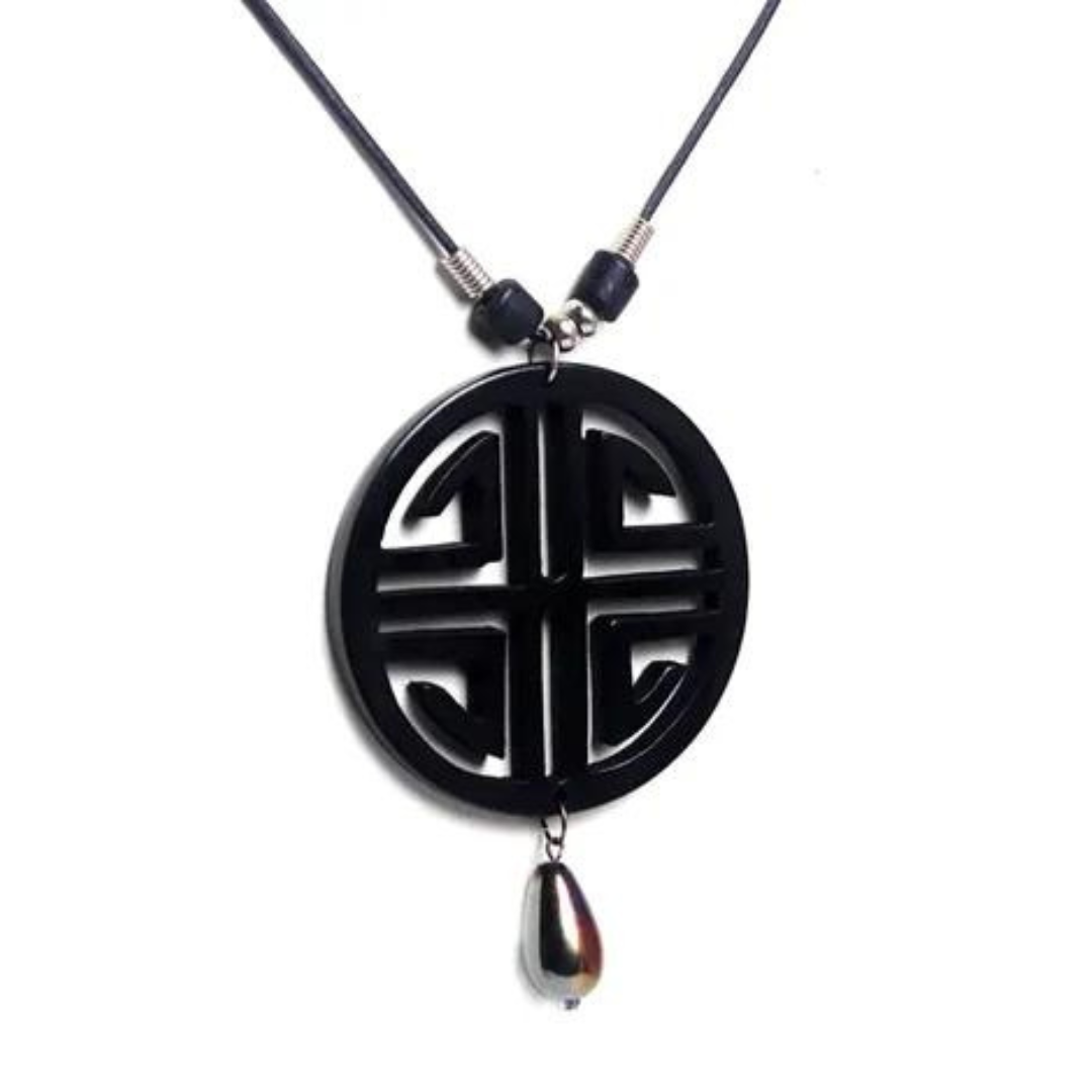 NK 10313A Black Acrylic pendant wax cord necklace