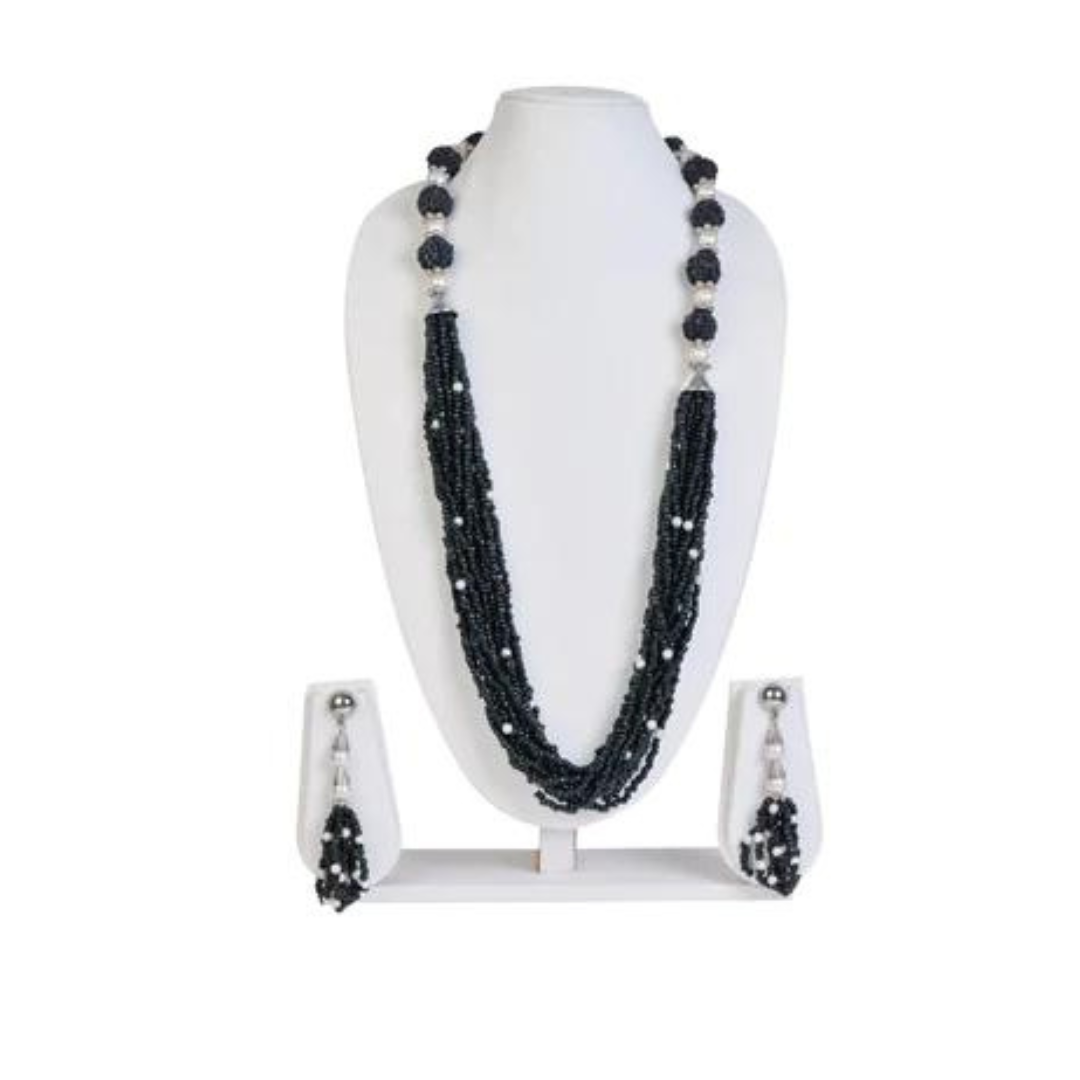 Black seed bead necklace with matching earrings