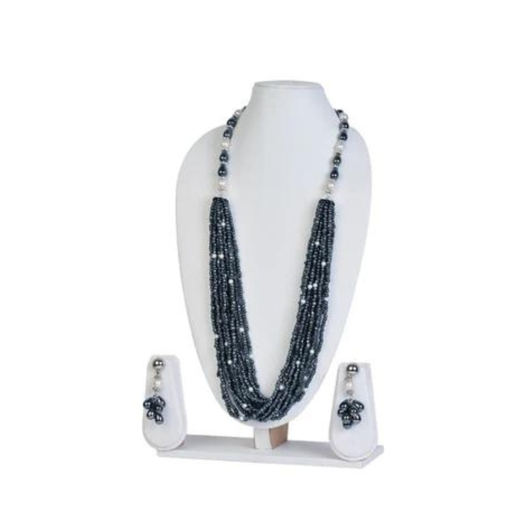 Black seed bead necklace with matching earrings