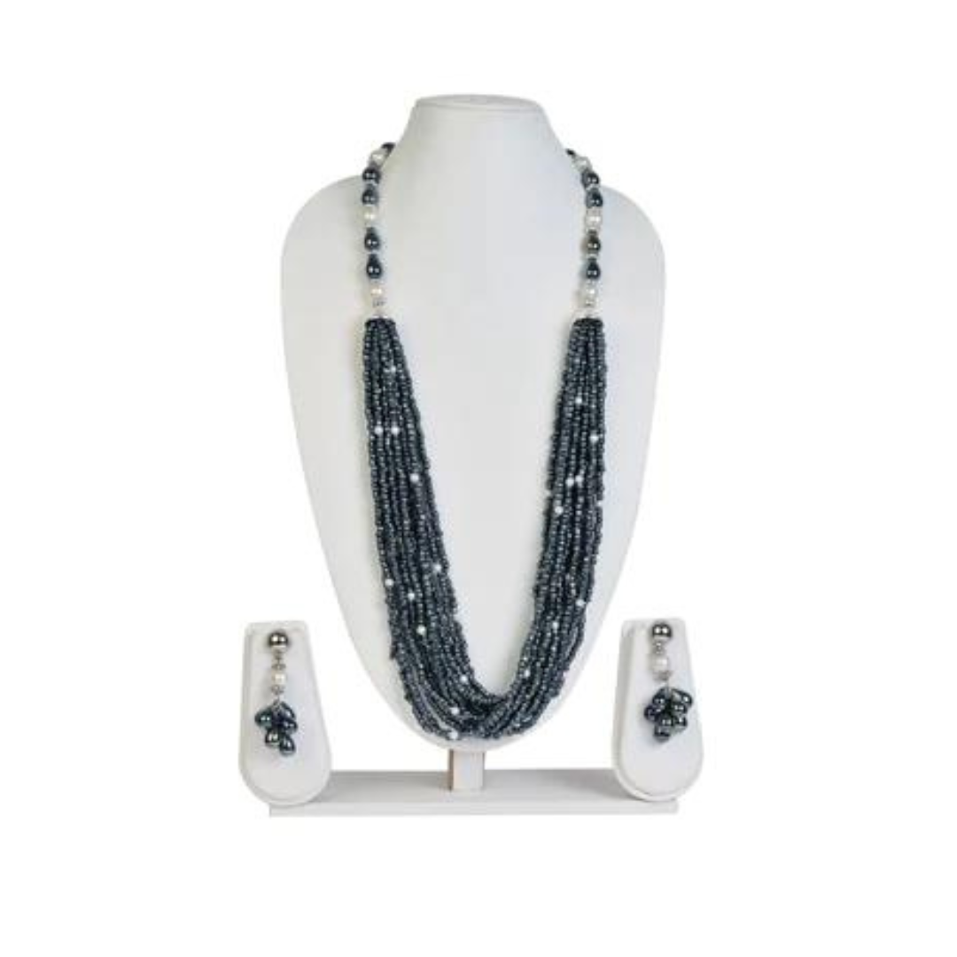 Grey seed bead with artificial pearl necklace with matching earrings