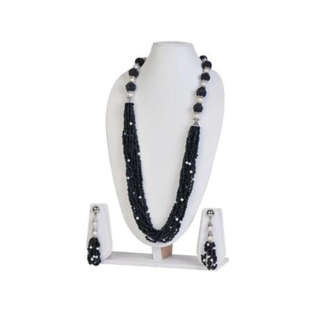 Grey seed bead with artificial pearl necklace with matching earrings