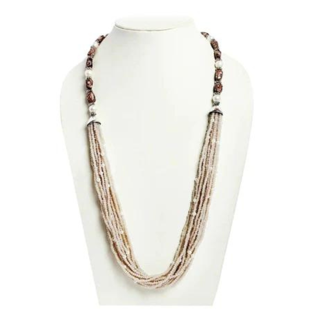 NK 11888 Natural color seed & glass bead layered necklace