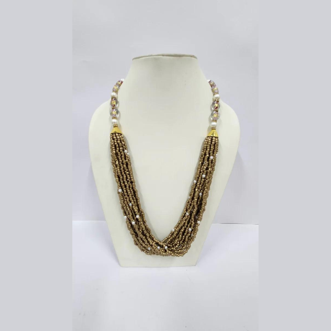 NK 11889 Golden Seed Bead With Glass Silver Foil Bead Necklace.