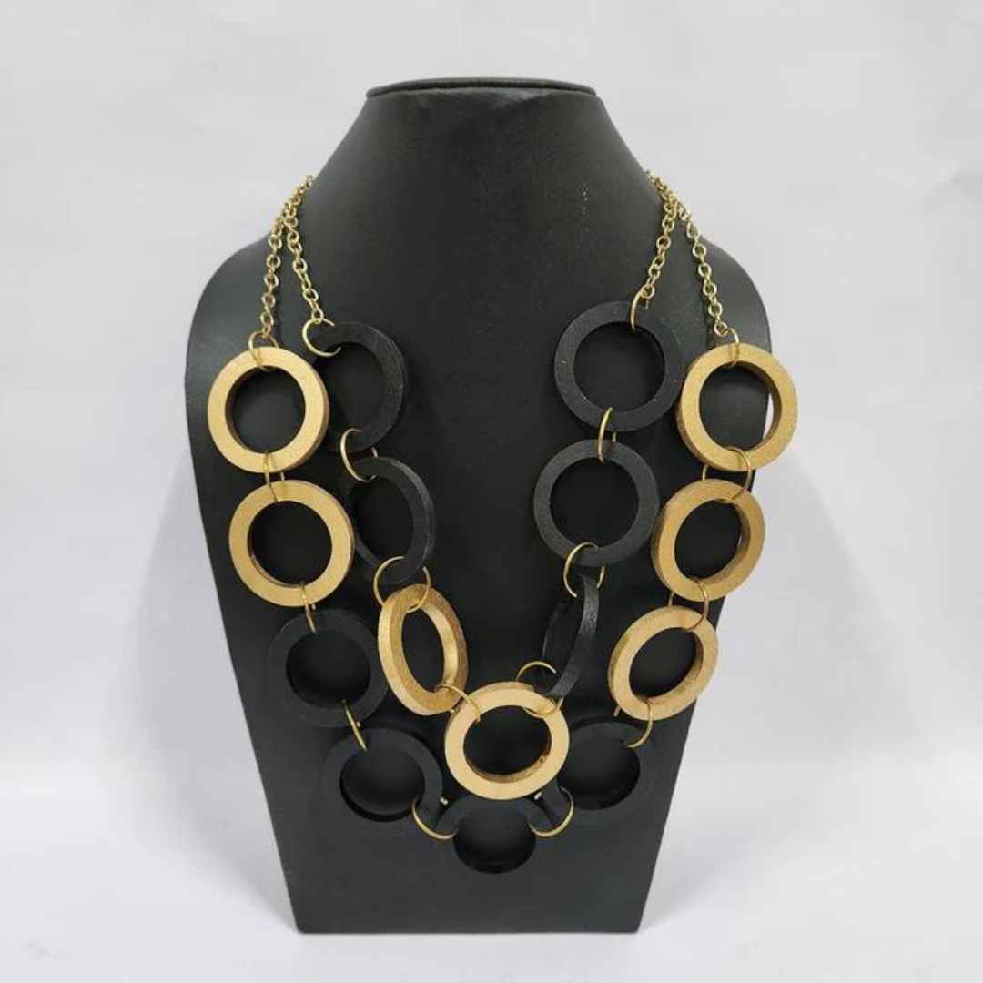 NK 11901 WOODEN RING CHAIN NECKLACE GOLDEN & BLACK
