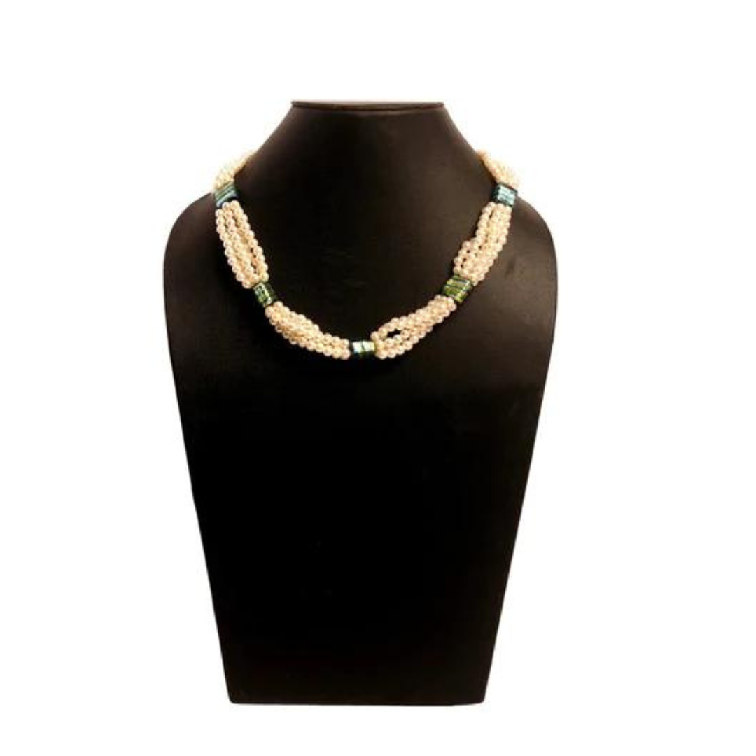 Artificial white pearl & green multi silver foil bead necklace