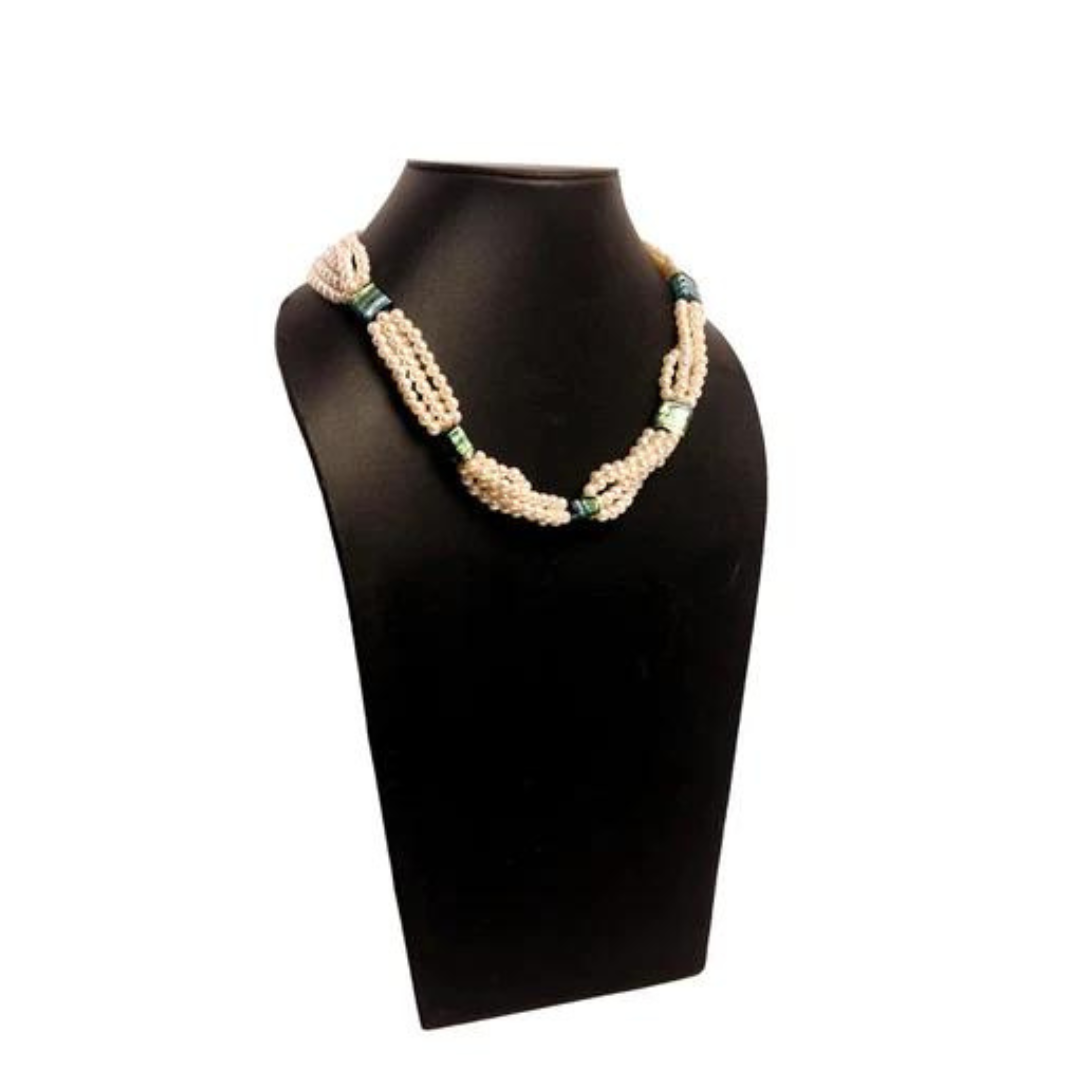 Artificial white pearl & green multi silver foil bead necklace