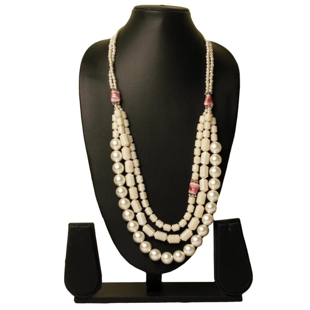 NK 13124 White Artificial Pearl Bead 3 Layered Necklace