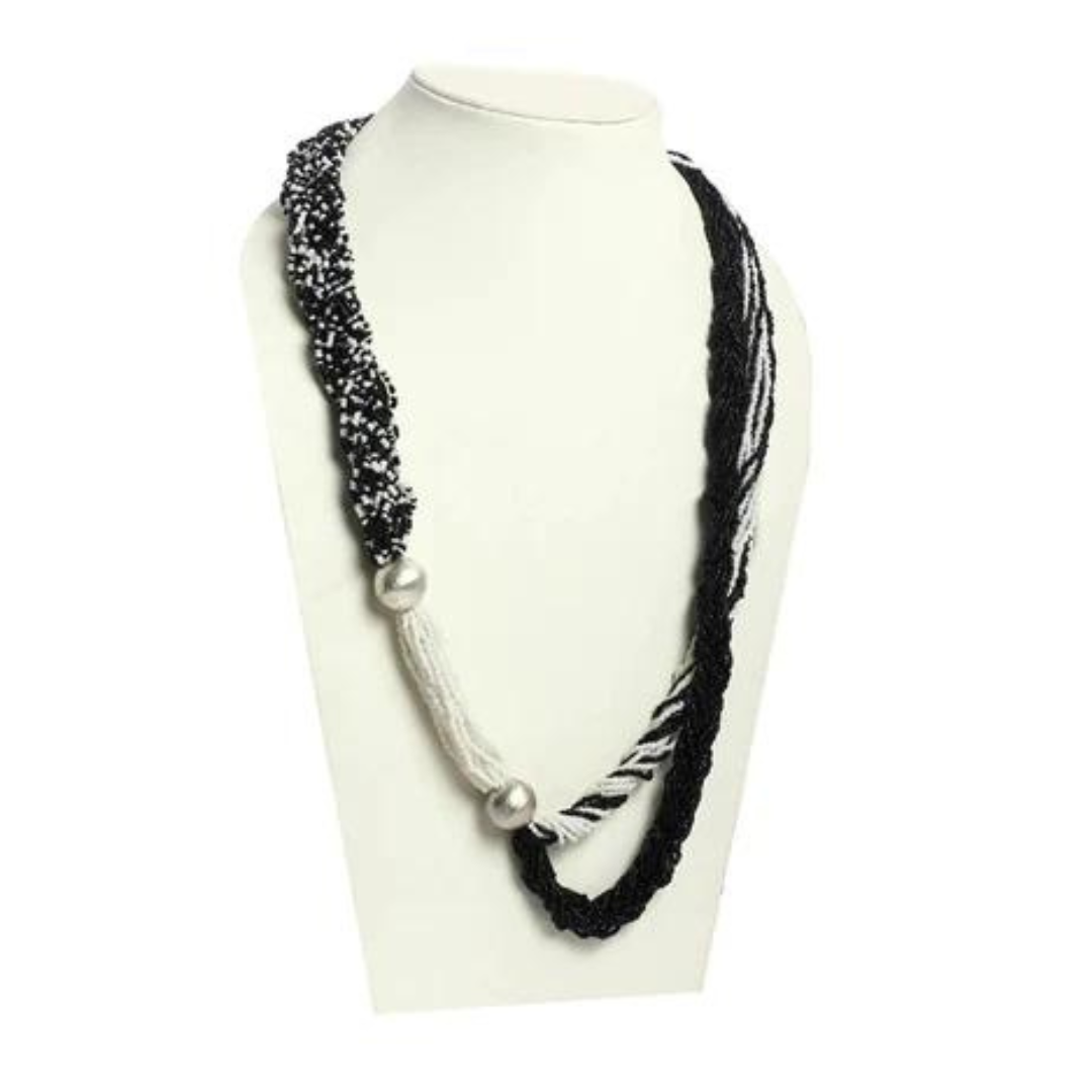 NK 3563 Black & white seed bead with metal ball necklace