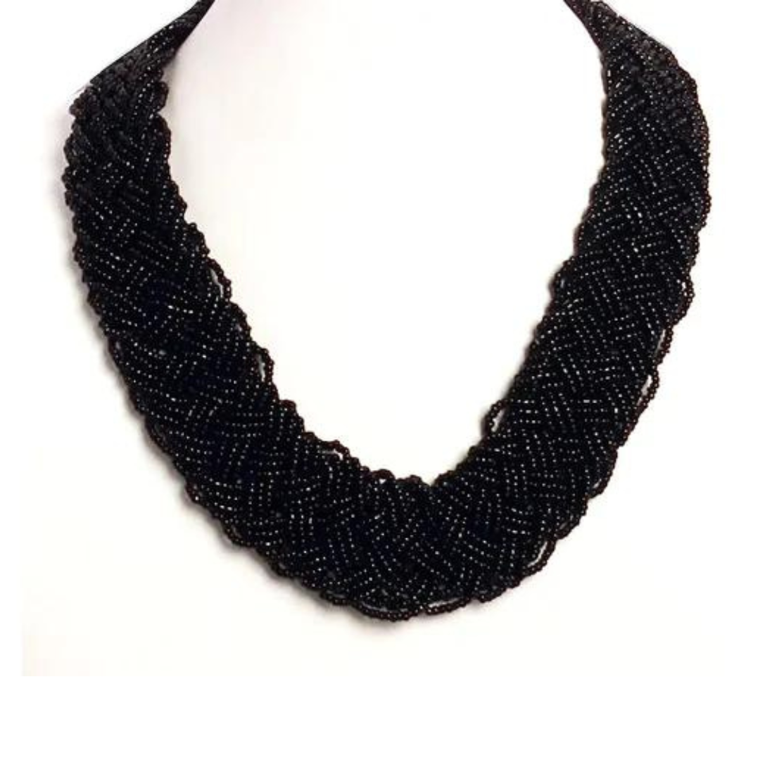 NK 3712 Black multi seed bead necklace with matching earrings set
