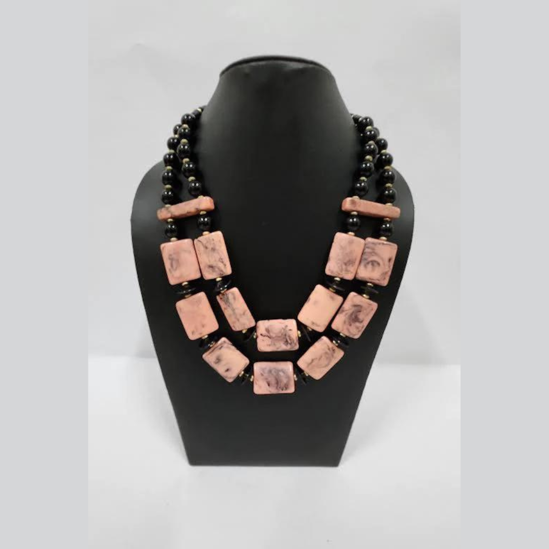 NK 9810 SIZE 22 INCHES PEACH & BLACK ACRYLIC BEAD NECKLACE