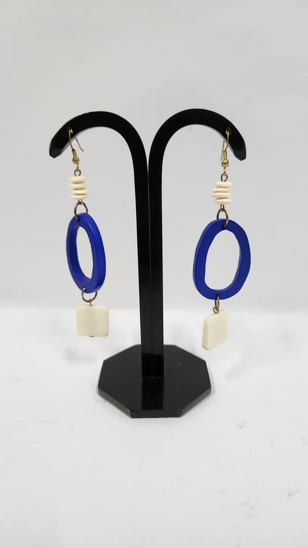 ACRYLIC & BONE BEAD COBALT & NATURAL COLOR EARRINGS