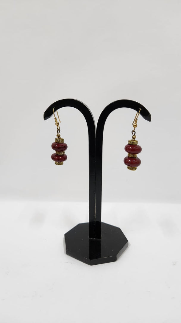 GLASS & BRASS BEAD MAROON COLOR EARRINGS