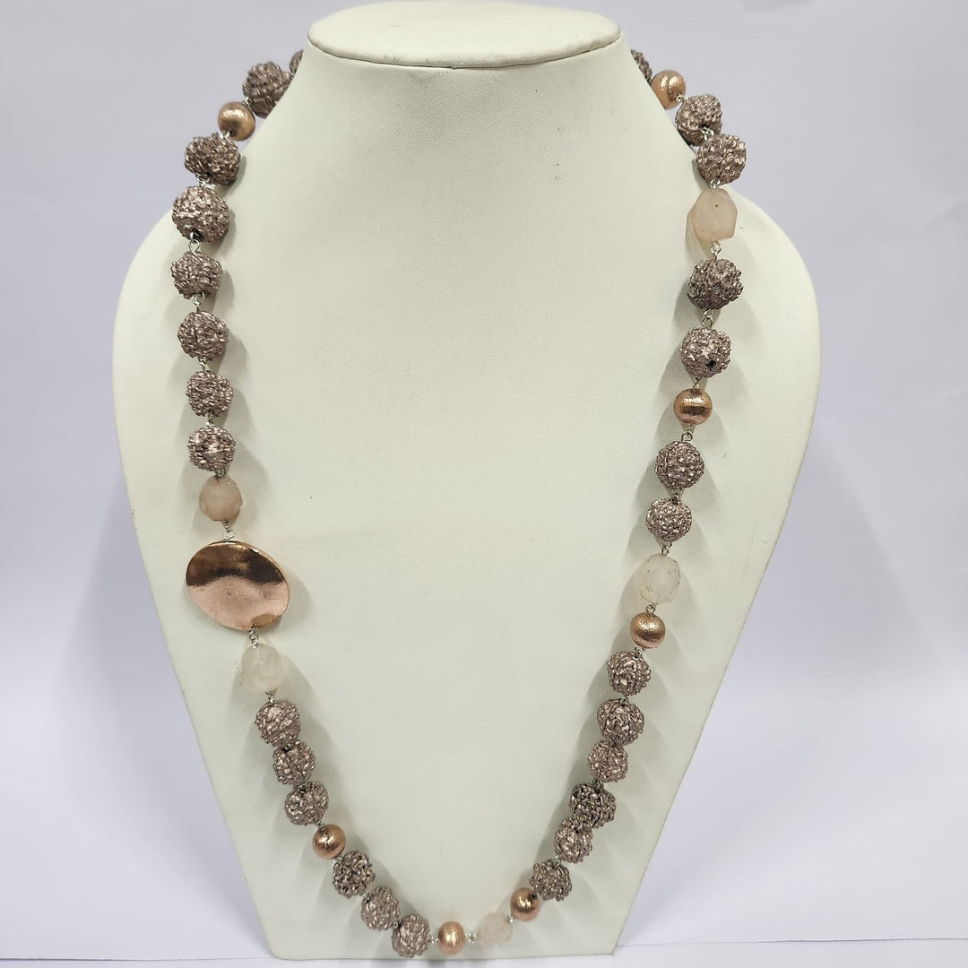 Chain necklace with Artificial Rudraksh, Stone & German Silver With Rose Gold bead