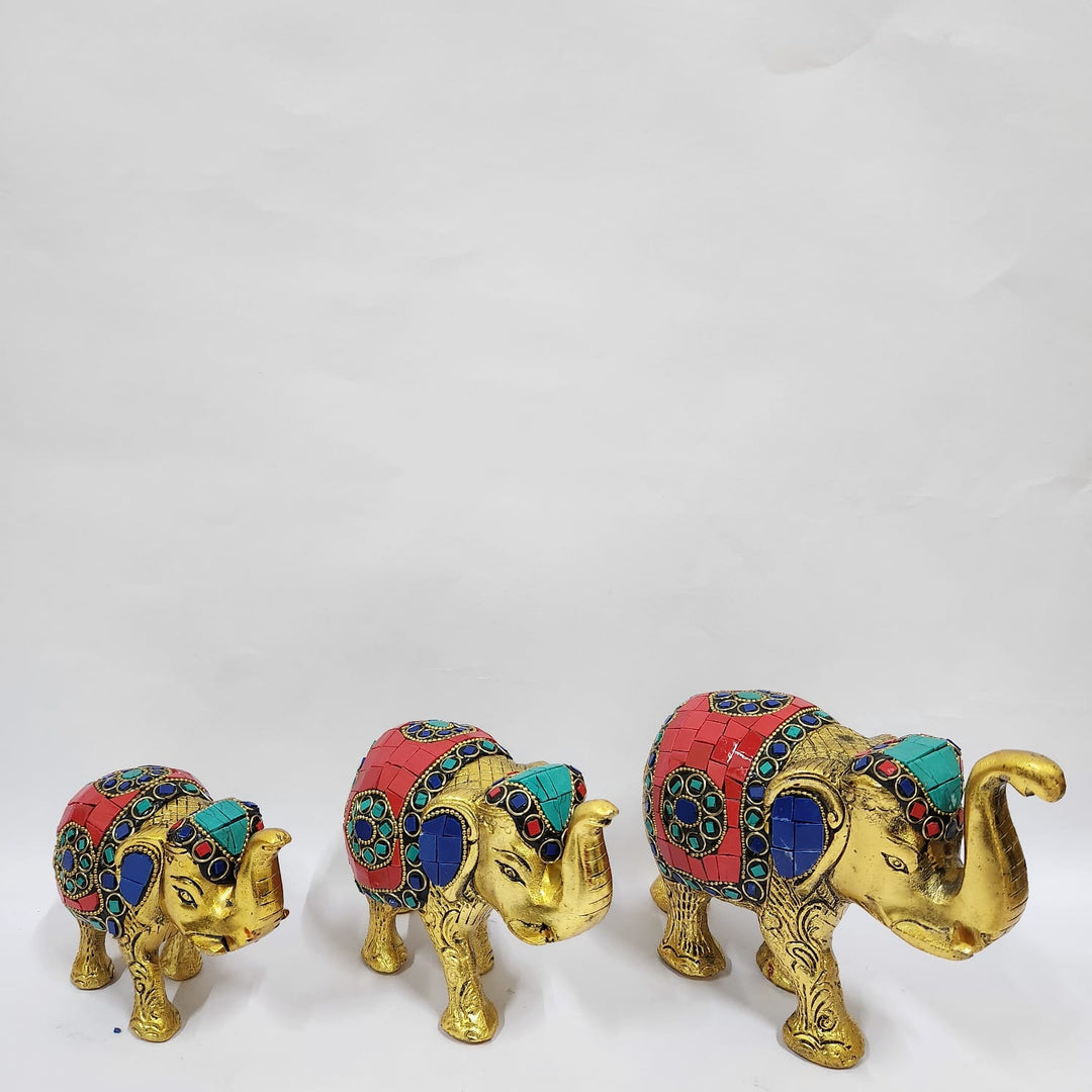 WHITE METAL WITH LAQUER POLISH & STONEWORK 3 PC ELEPHANT SET