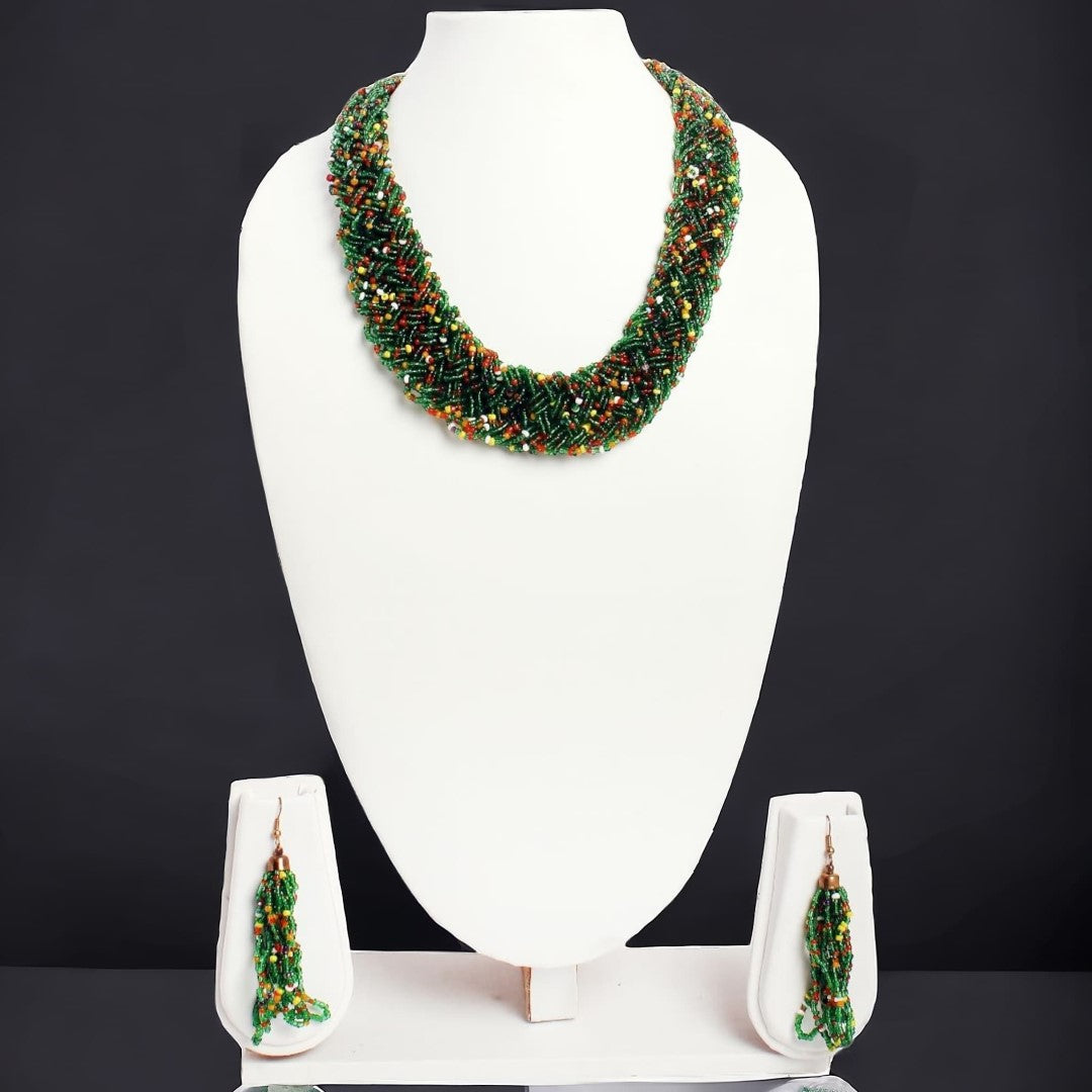 NK 3743 Green multi seed choti necklace with matching earrings set