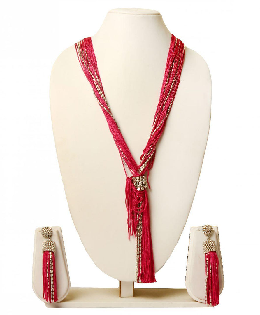 PINK RESHAM THREAD & METAL STRINGS NECKLACE