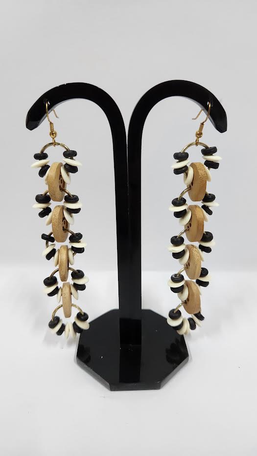 WOODEN & BONE BEAD NATURAL & BLACK & WHITE COLOR EARRINGS