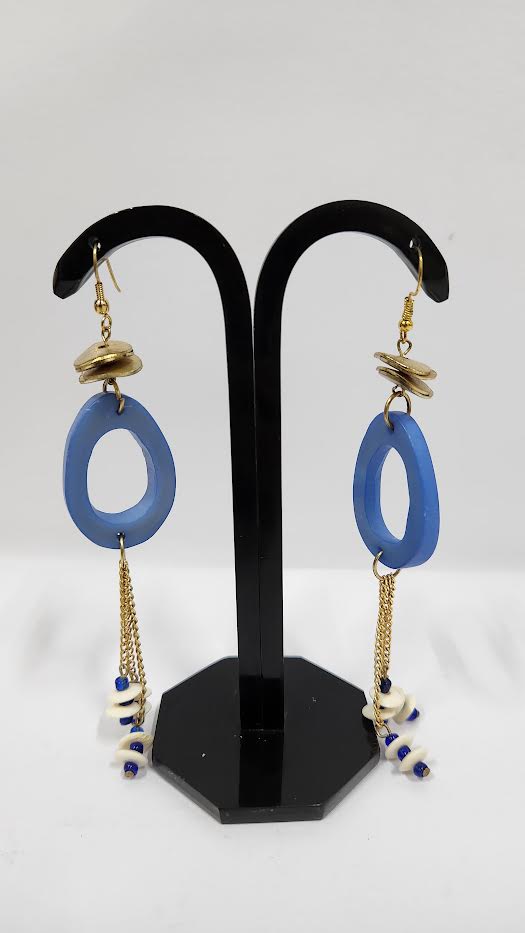 ACRYLIC & BRASS BEAD BLUE COLOR EARRINGS