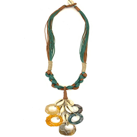 BROWN, GREEN COTTON WAXCORD SHELL STONE RING NECKLACE