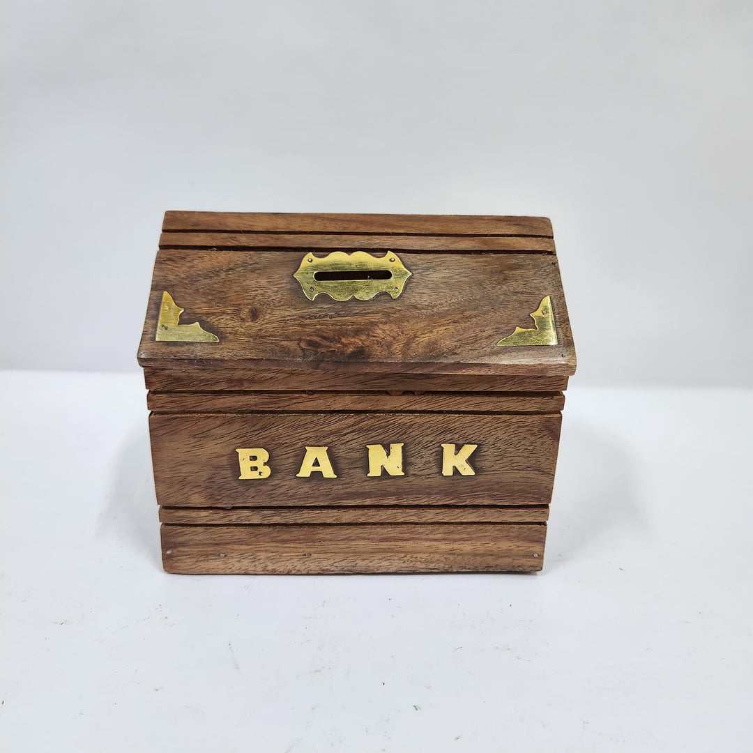 WOODEN PIGGY BANK WITH KEY