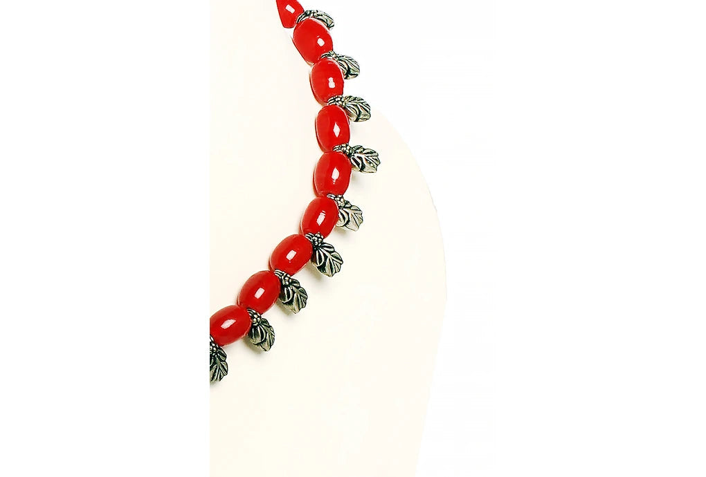 BBN 101 Red glass & metal bead necklace dastakaaristore