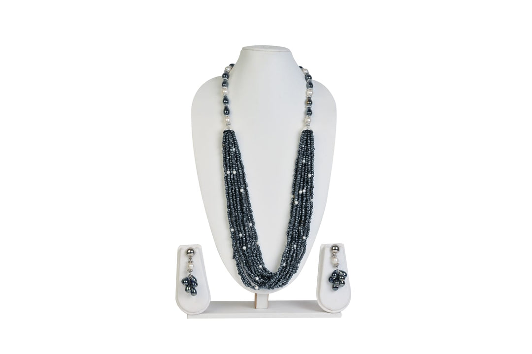 NK 11883 Grey seed bead with artificial pearl necklace with matching earrings dastakaaristore