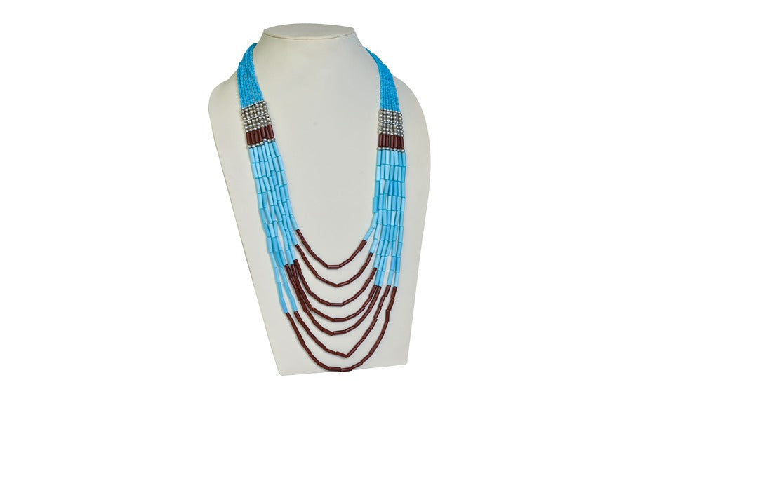 NK 11883 Turquoise blue & brown glass pipe & seed bead necklace dastakaaristore