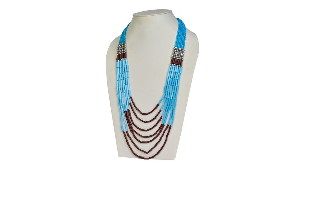 NK 11883 Turquoise blue & brown glass pipe & seed bead necklace dastakaaristore