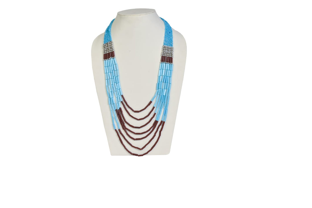 NK 11883 Turquoise blue & brown glass pipe & seed bead necklace dastakaaristore