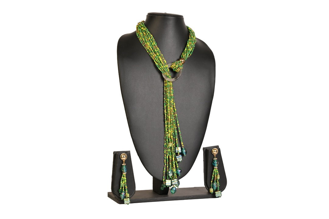 NK 11892 Green multicolor seed bead ring necklace with matching earrings dastakaaristore