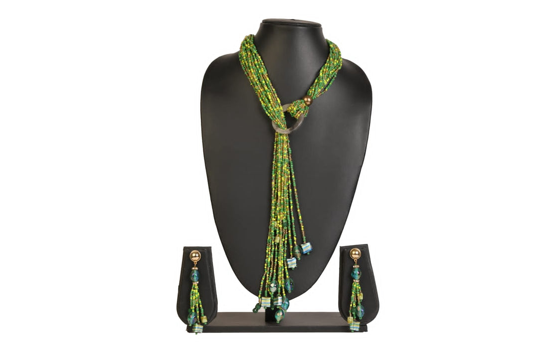 NK 11892 Green multicolor seed bead ring necklace with matching earrings dastakaaristore