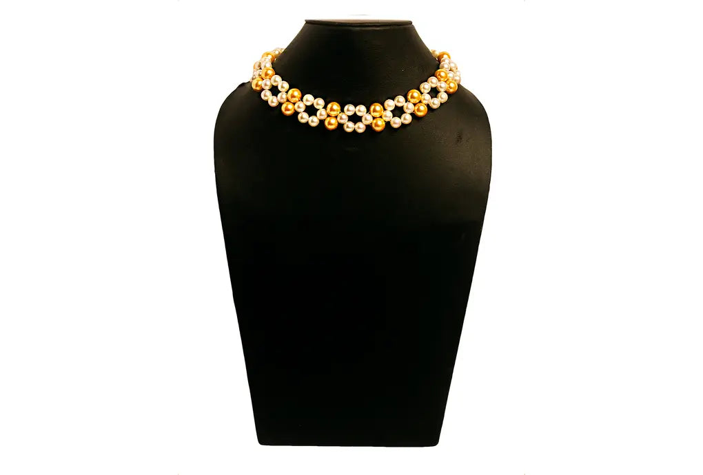 NK 12025 Artificial white & golden pearl bead choker necklace dastakaaristore