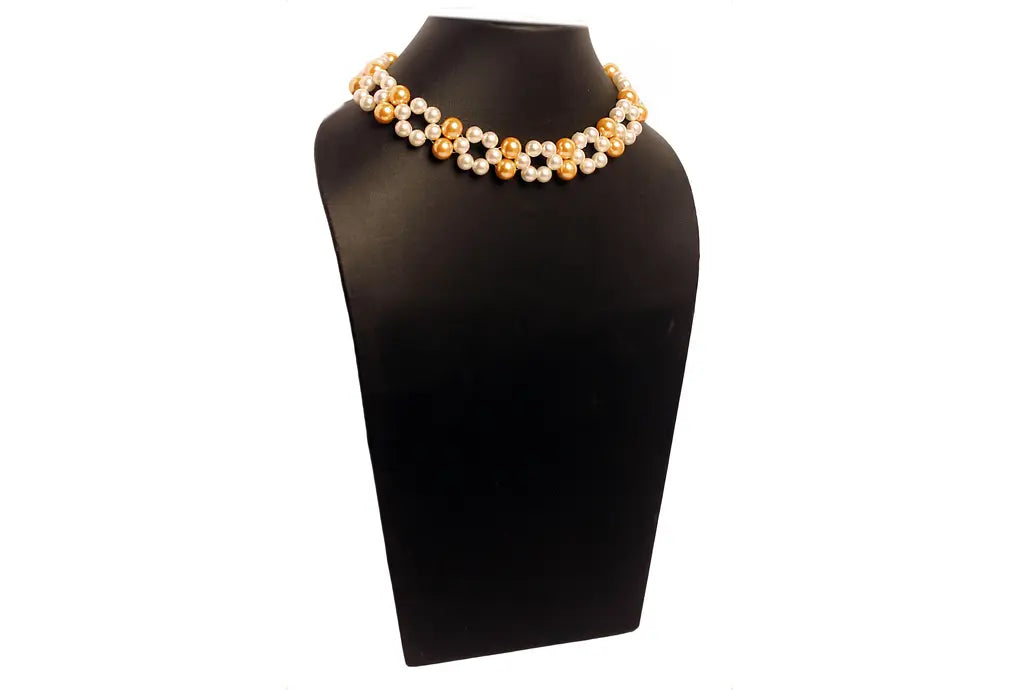 NK 12025 Artificial white & golden pearl bead choker necklace dastakaaristore