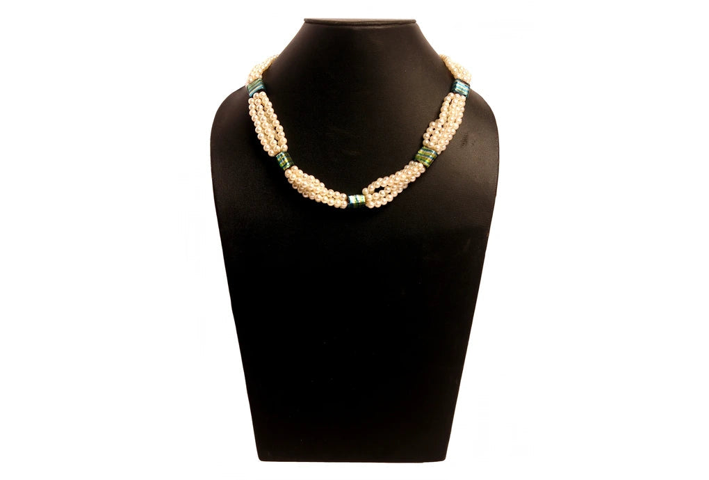 NK 12027 Artificial white pearl & green multi silver foil bead necklace dastakaaristore