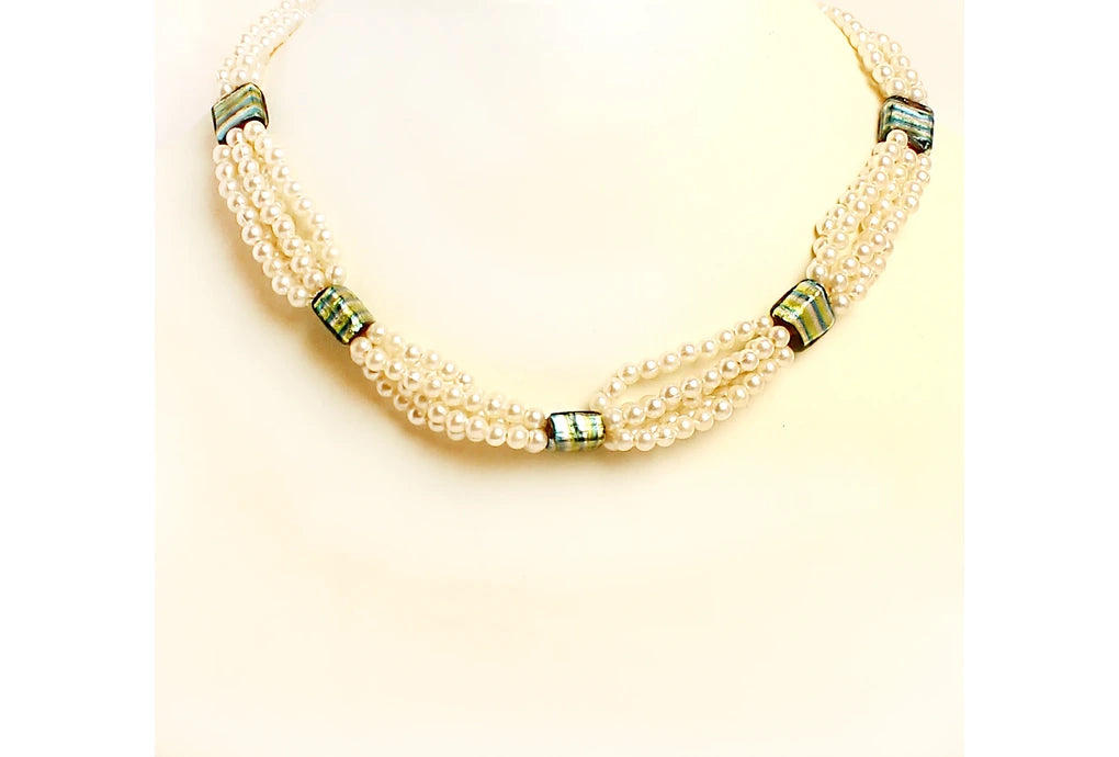 NK 12027 Artificial white pearl & green multi silver foil bead necklace dastakaaristore