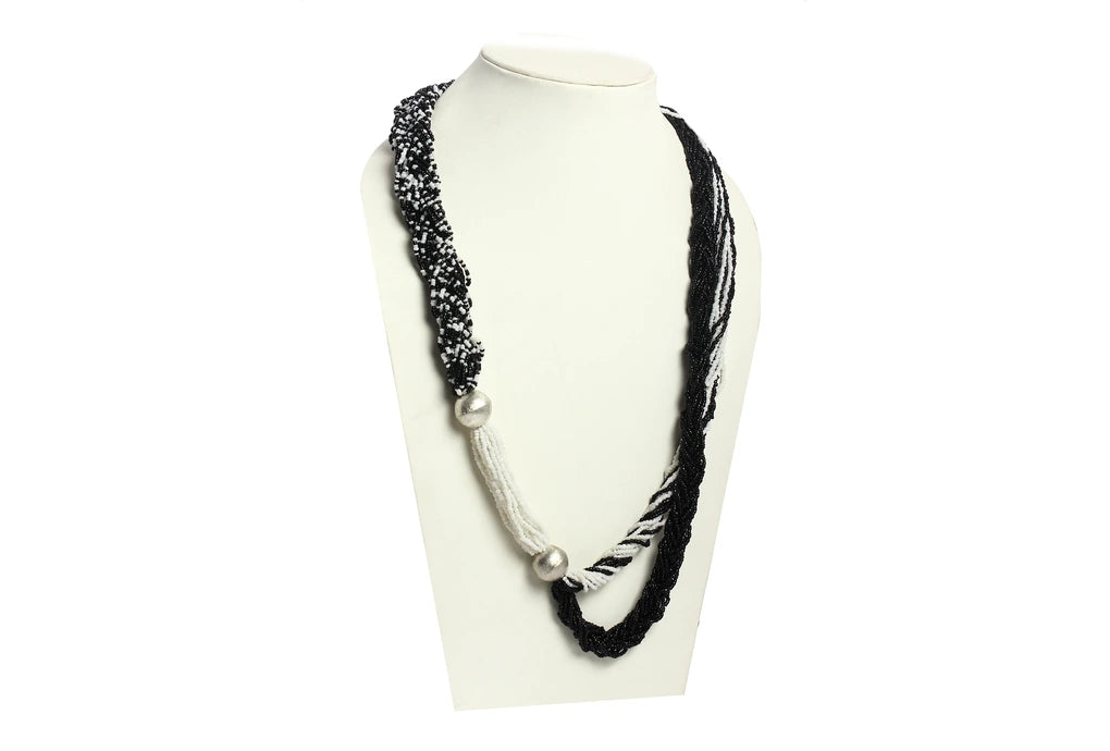 NK 3563 Black & white seed bead with metal ball necklace dastakaaristore