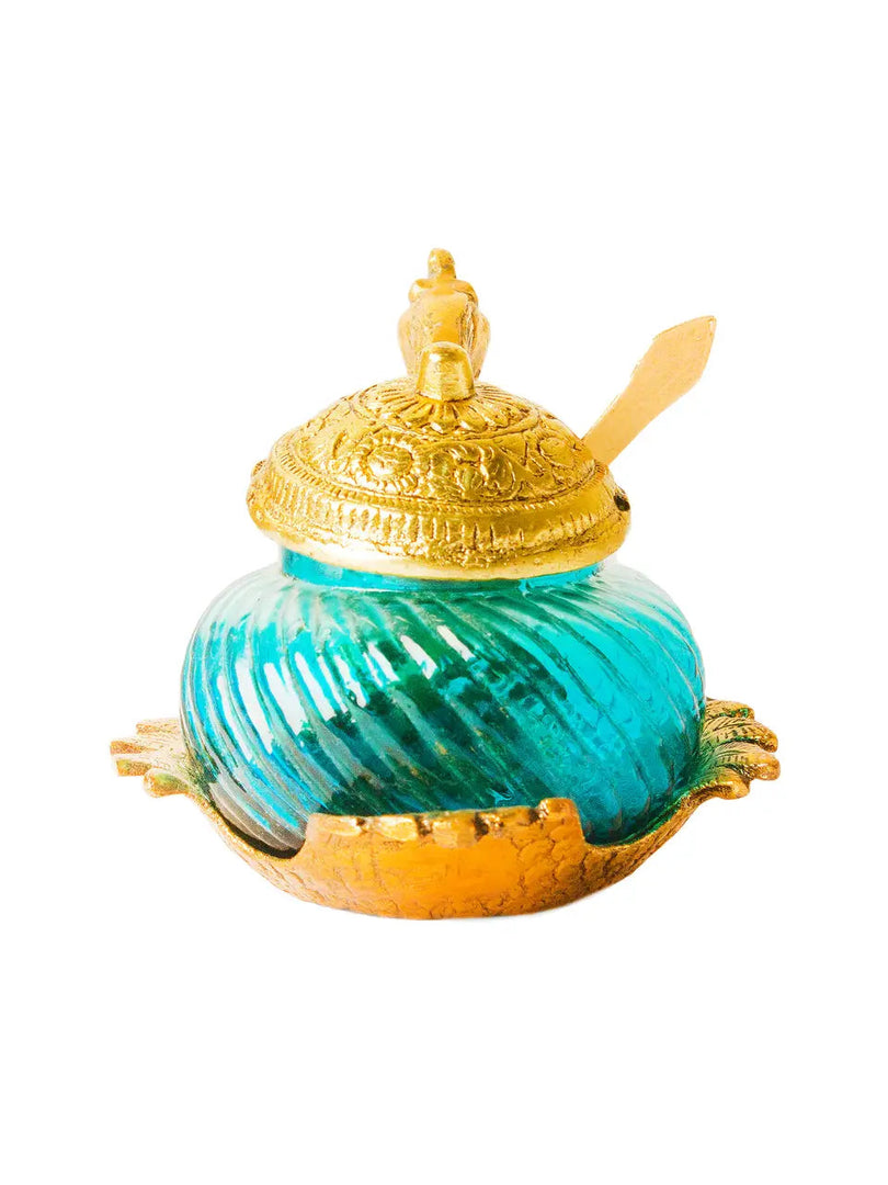 SH 826 Glass With White Metal With Lacquer Polish Turquoise Swan Mouth Freshner Pot With Spoon dastakaaristore