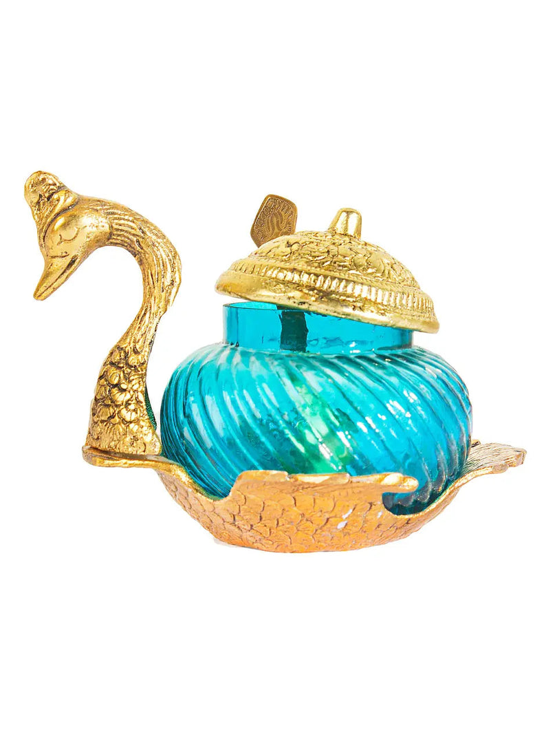 SH 826 Glass With White Metal With Lacquer Polish Turquoise Swan Mouth Freshner Pot With Spoon dastakaaristore