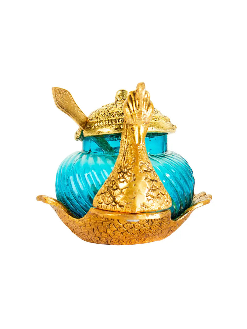 SH 826 Glass With White Metal With Lacquer Polish Turquoise Swan Mouth Freshner Pot With Spoon dastakaaristore