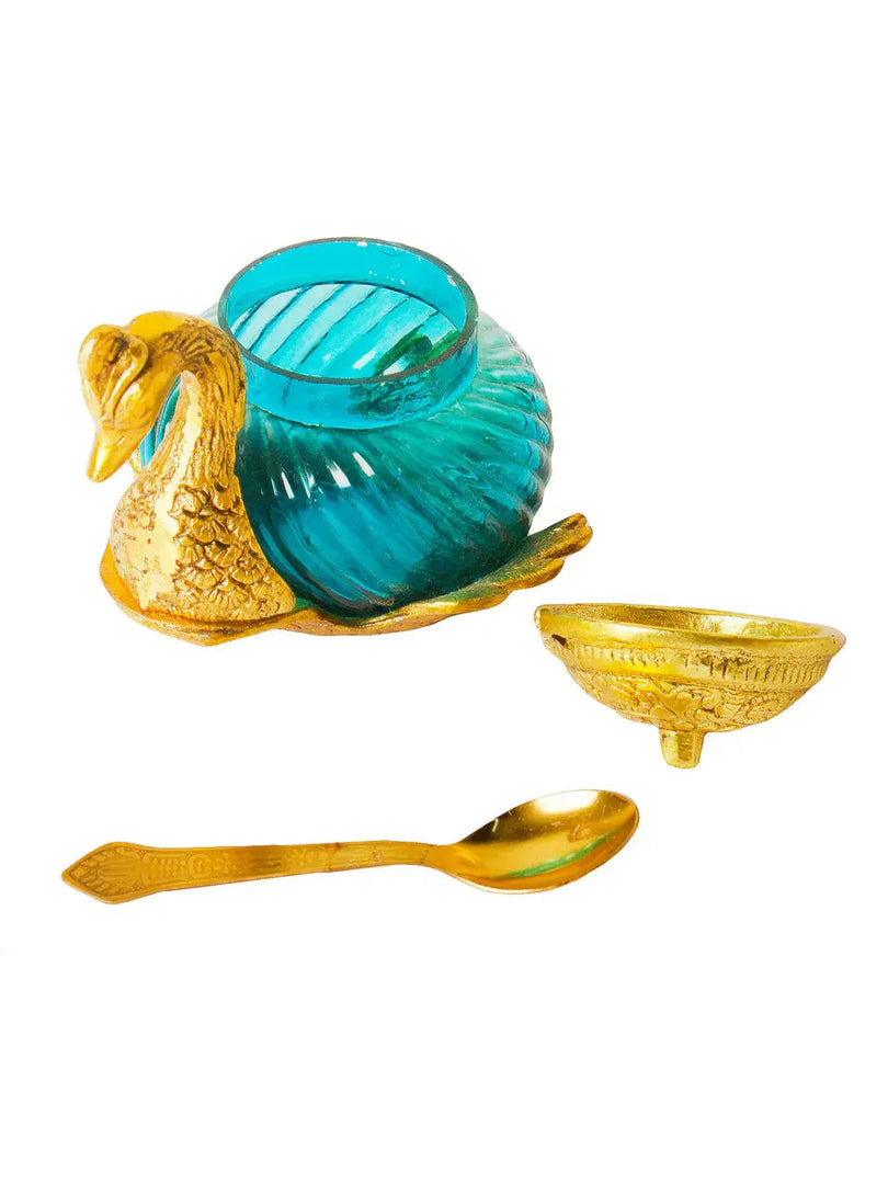 SH 826 Glass With White Metal With Lacquer Polish Turquoise Swan Mouth Freshner Pot With Spoon dastakaaristore