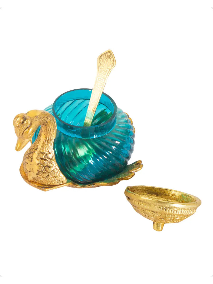 SH 826 Glass With White Metal With Lacquer Polish Turquoise Swan Mouth Freshner Pot With Spoon dastakaaristore