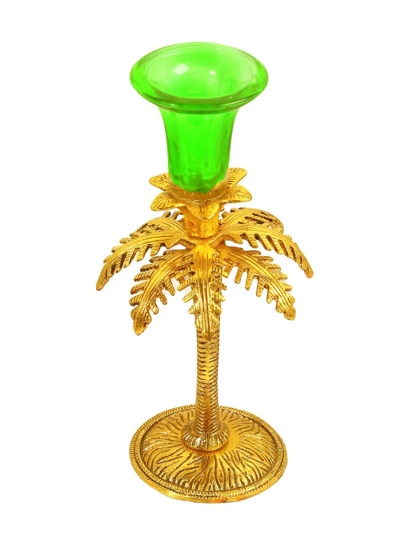 SH 827 White Metal With Lacquer Polish Green Khajoor Candle Stand dastakaaristore