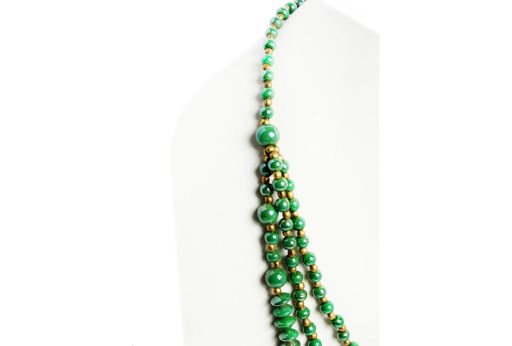 VPJ 229B Green glass bead luster polish & brass ball 3 mm necklace dastakaaristore